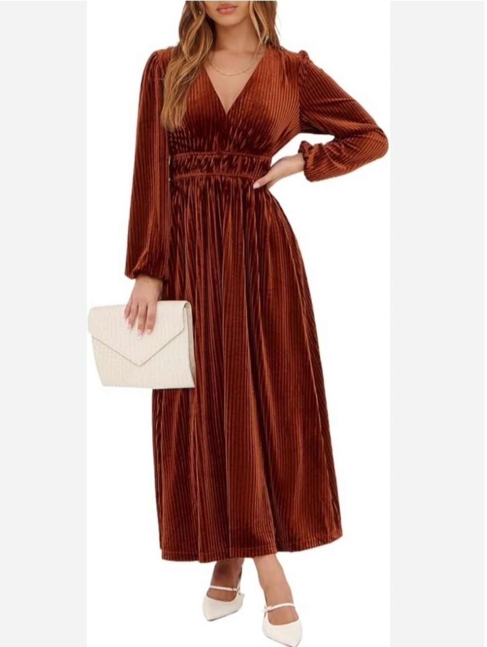SHEIN Women's Copper Brown Soft Velvet Smocked Waist Maxi Midi Dress Sz 4